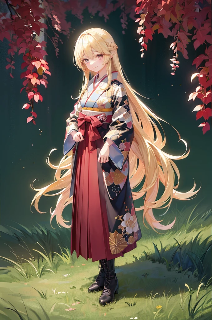 ((Ultra-high resolution:1.3, masterpiece, best quality, highly detailed, 8K)), 1 girl, ((standing:1.2)), Japanese clothes, kimono, hakama skirt, beautiful face, smile, deep detailed eyes, (detailed blonde hair), straight long hair, black long boots, realistic lighting