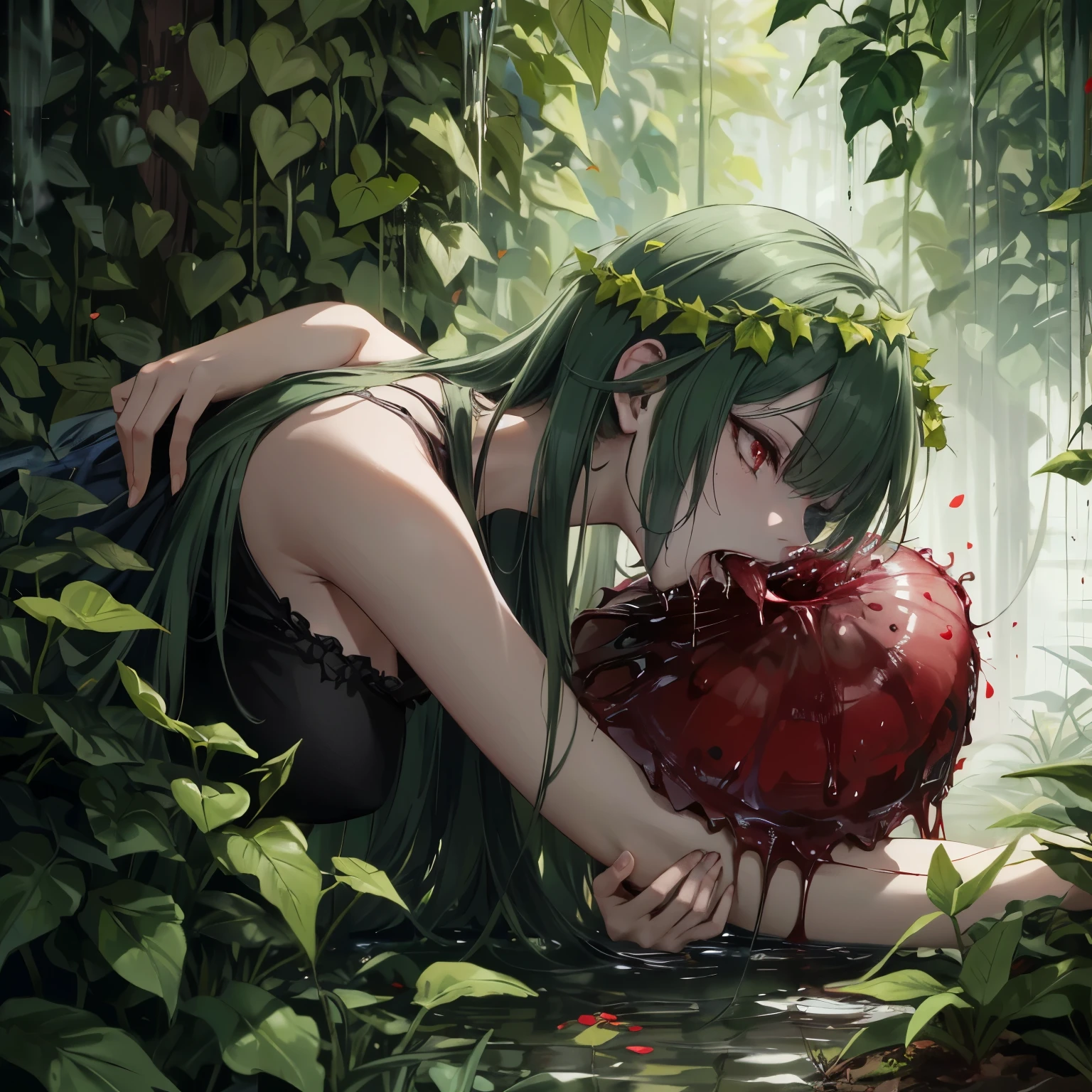 Fantasy,Nightmare,Unrealistic,An illustration,
The battle between carnivorous plants and zombies,Giant Venus Flytrap,Giant Drosophila,
A lush wall of carnivorous plants,Many growing ivy,dynamic,
The petals of the carnivorous plant have sharp fangs,Dripping Blood,
Vines wrap around the zombie's wrists,A lot of blood coming from the chest,
Pale skin all over the body,Hollow Eyes,Biting into the long ivy,Clawing at the petals of a man-eating plant,
Side view of the whole body,Red Eyes,
masterpiece,Highest quality,8K,High resolution,
Award-winning,Browsing Caution,
Cold tones,mysterious,Anxious,nervous,
Cinematic lighting,Natural lighting,
Physically Based Rendering,
Thin contours,