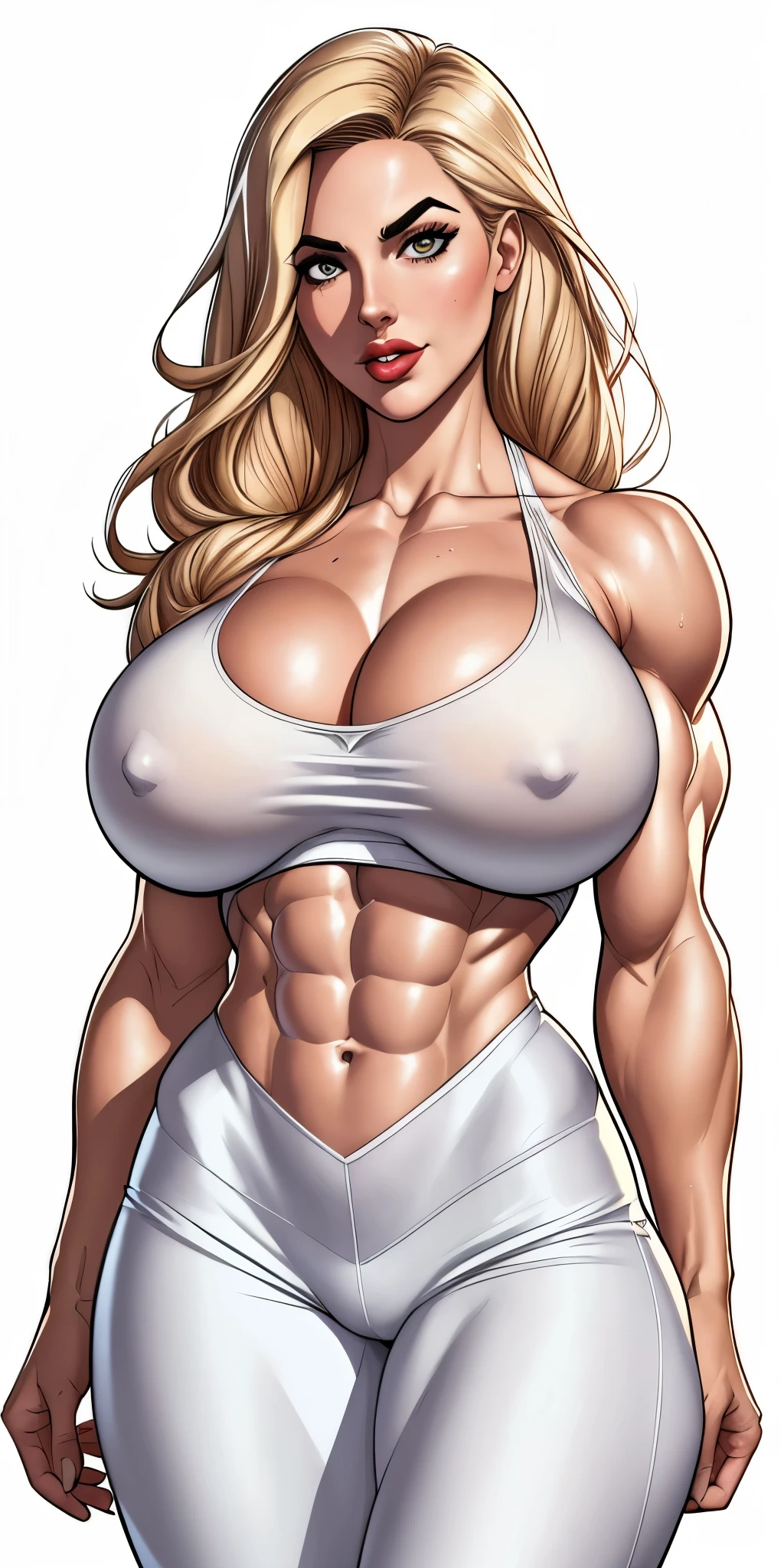 Masterpiece, highly detailed, high res, dynamic, A image of a woman (Elizabeth Gillies) in a white top and white pants, ((((Massive breasts)))), (muscular), ((((huge muscles)))), happy 4th of july vibes, hot and sweaty, dusky dark, fireworks in the sky, detailed eyes, detailed lips, extremely detailed face, fanart da coelhinha lola, commission for high resolution, CO Commission, Gwen Stacy, corpo perfeitamente sombreado, Emma Geada, Retrato de Emma Frost, Deusa loira, desenhado no estilo de artgerm, em roupas brancas, corpo perfeito sombreado realista, Betty Cooper, It's not artgerm style, ((((Massive breasts)))), (muscular), ((((huge muscles))))