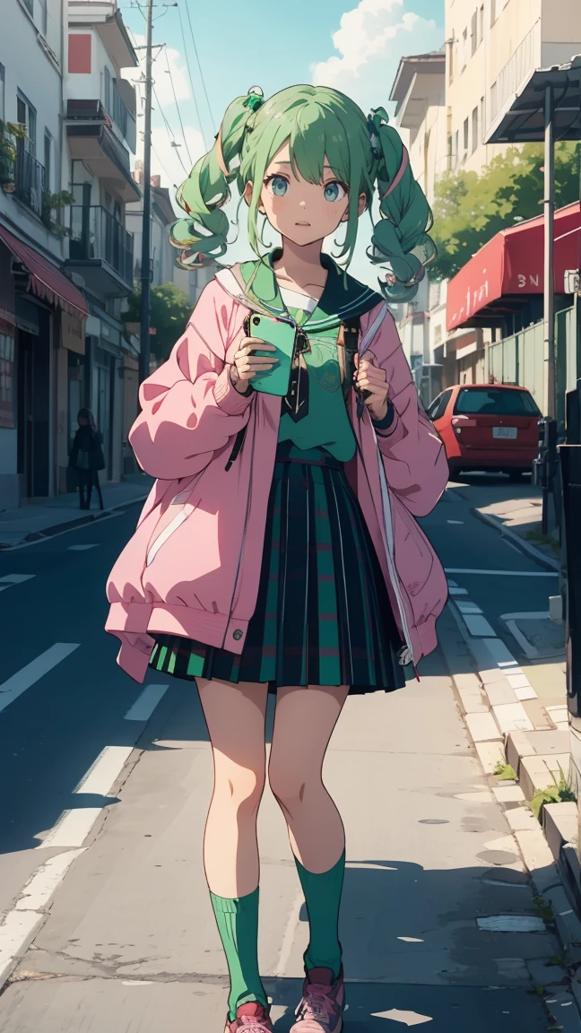 {{kofune ushio}}, {サマータイムレンダリング}, Volume hair, soft hair, emerald green hair and pink inner color, wavy hair, gradation hair, green hair, side braids, wavy hair, two side up, cloud hair, emerald green eyes, high school girl, Cheerful and active, blonde clip, loose socks, plaid skirt, holding smartphone, on the street, (best) quality, 4K, 8K, high resolution, masterpiece: 1.2), ultra-definition, bright colors, soft lighting
