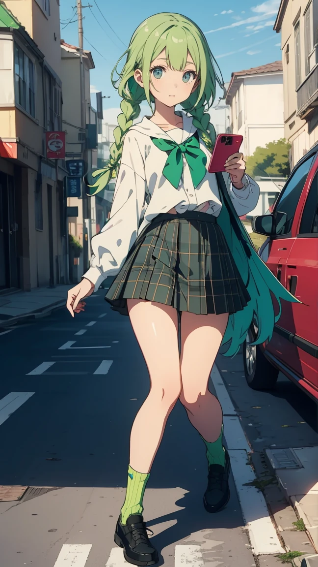 {{kofune ushio}}, {サマータイムレンダリング}, Volume hair, soft hair, emerald green hair and pink inner color, wavy hair, gradation hair, green hair, side braids, wavy hair, two side up, cloud hair, emerald green eyes, high school girl, Cheerful and active, blonde clip, loose socks, plaid skirt, holding smartphone, on the street, (best) quality, 4K, 8K, high resolution, masterpiece: 1.2), ultra-definition, bright colors, soft lighting
