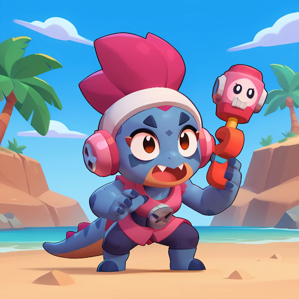 full view of a dinosaur, female, dark blue skin, friendly dinosaur, having a pink and white buoy, dinosaur animal, brawl, brawl stars