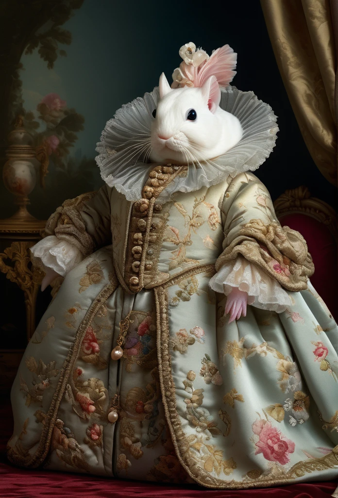 photorealistic portrait of Dressed animals - a fat baby fish, (full body image:1.5), Wearing luxury sack-back gown, Old-fashioned luxury dress, detailed and opulent description of a female aristocratic sack-back gown in Rococo style, emphasizing luxurious fabrics, intricate embroidery, and ornate accessories, Rococo style background