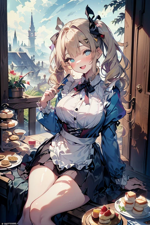 (perky chest:1.2), (pointed chest:1.2),(((Black Tunic:1.3))),(((cakes and bread in the basket),Cute and beautiful girl,Cute round face,Cute smile,with blush cheeks,Red Lip,a girl 22 years old, nsfw:1.2, beautiful body:1.3), shinny skin, BREAK, ((alice in the wonderland:1.3, cute, kawaii, lovely, funny, a girl falling down from sky:1.3, girl flying in sky:1.2, girl floating in air:1.3, rolling upskirt by wind:1.5, (with sparkling eyes and a contagious smile),open mouth, Looking at Viewer, surprised, putting hands on crotch over the skirts:1.35)), BREAK, ((floating things as follows:1.3, PlayingCards, Trump, tea cup, tea pot, tea spoons, pocket watch:1.3, lip sticks, candies:1.2, cookies, jam bottles, classical door_keys)), ((long purply_Blue dress :1.5, wearing long flaired skirt:1.3, the skirt is blowing:1.3, cute White Apron, black stockingedium long platinum-blonde hair:1.2, twin tail hair:1.6, tied hair with a cute ribbon), (Blue eyes, bright pupils with highlights, detailed eyes), (lying down on your back:0.7, spreading legs with rising up straight:0.7), sexy posture, fantastic colorful art, (fantasy art:1.2, wondered images), ((correct anatomy:1.5, perfect anatomy:1.3, correct hand, )),
