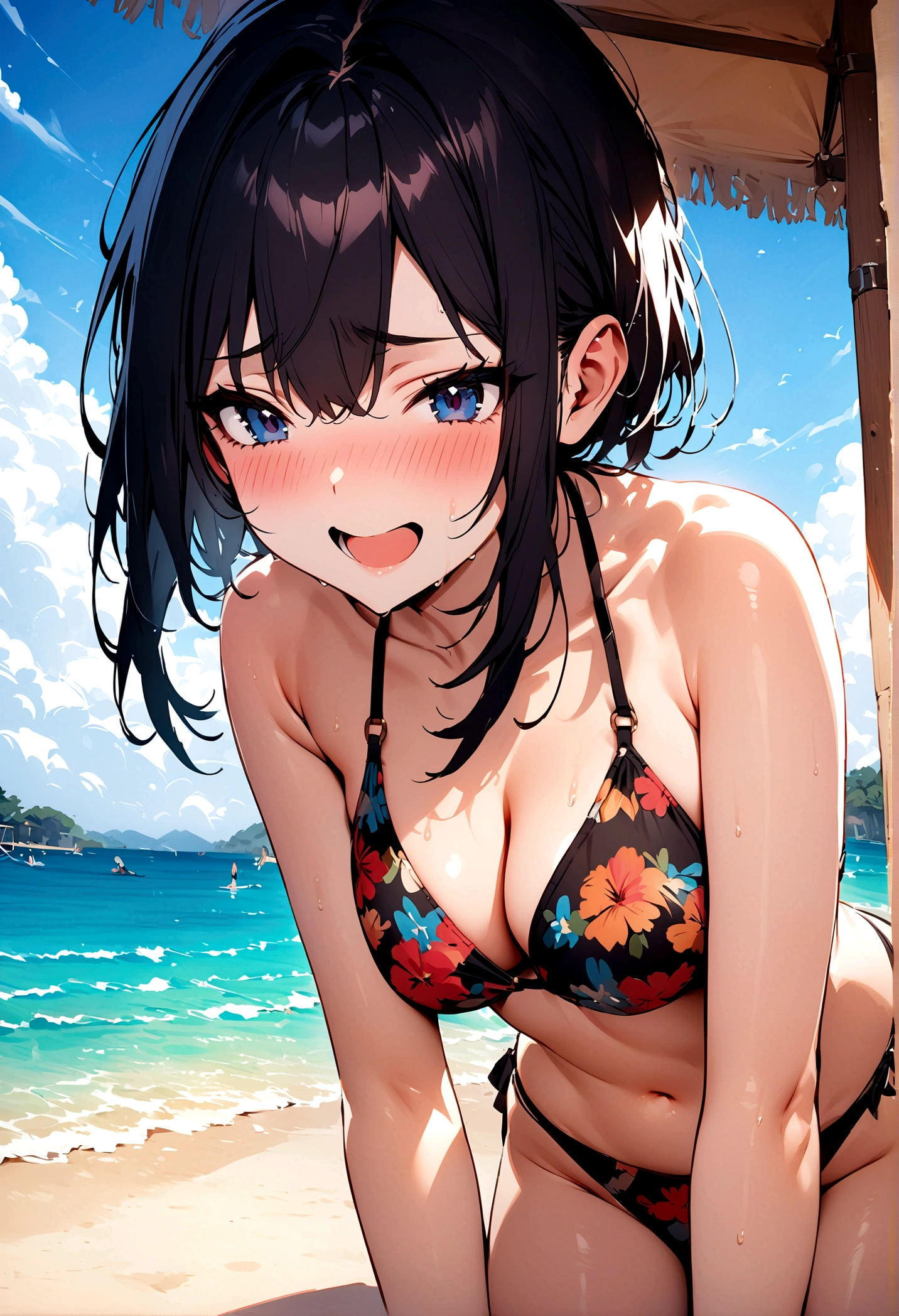 Highest quality,masterpiece,bikini,Beach,,Shy laugh,Black Hair