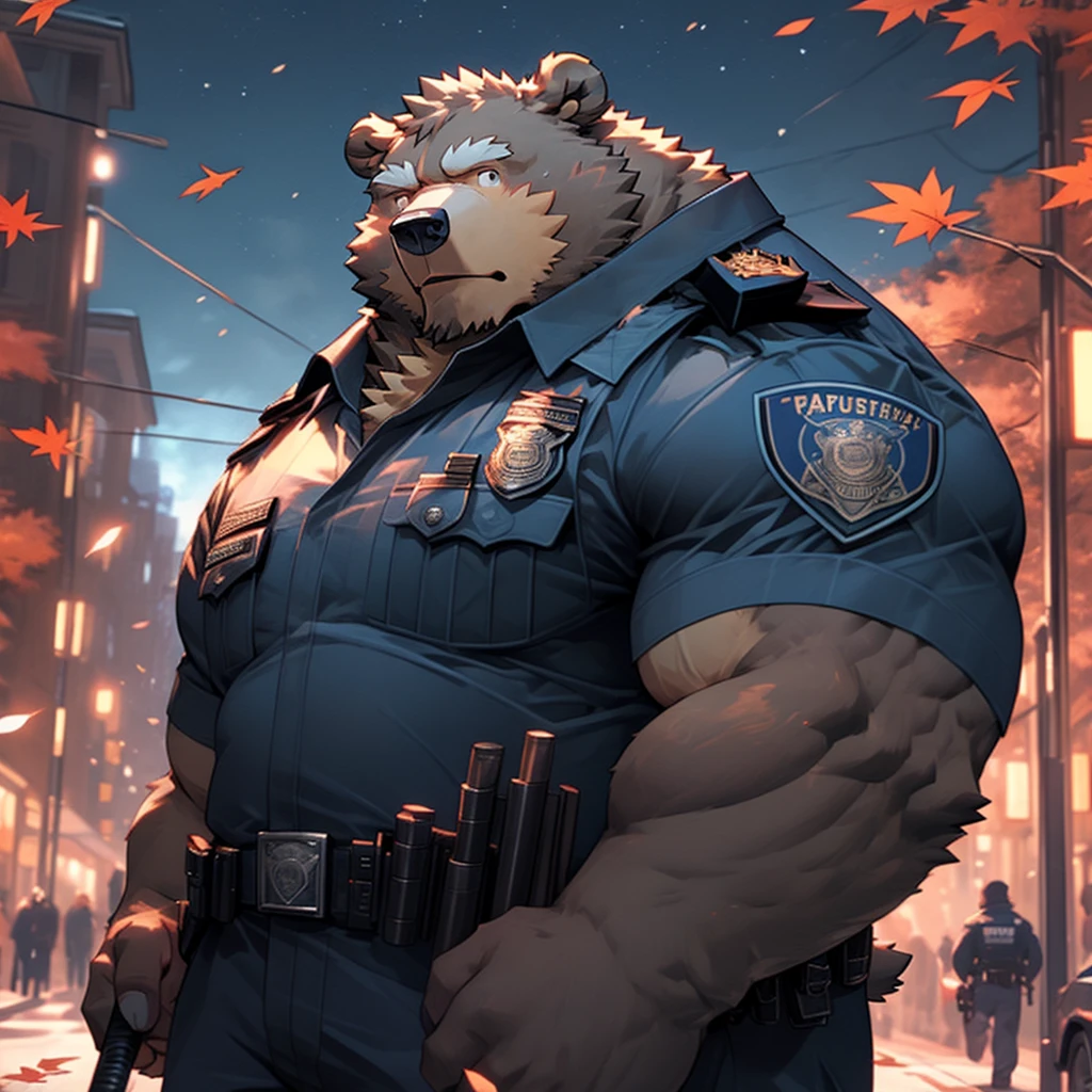 A muscular and strong police officer bear in uniform with a bustling city park with falling maple leaves in the background. A strong bear holding a baton