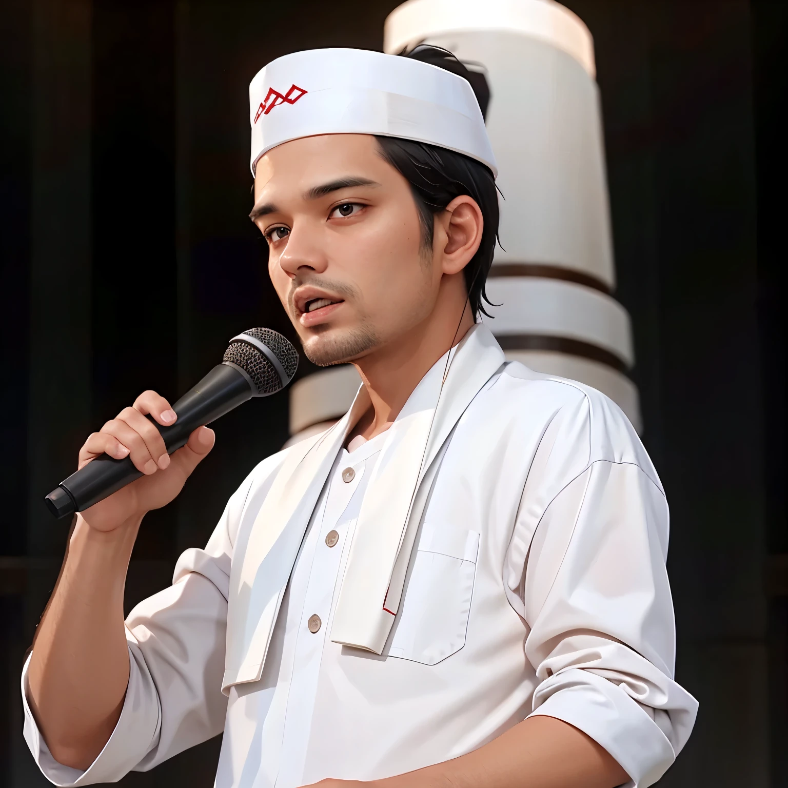 4d realistic 30 year old man, wearing a white shirt, wearing a muslim prayer hat, front facing view, detailed, background in harmony with clothing color, high detail, holding a microphone, and he is holding the microphone in one hand, suggesting he may be a performer or speaker. close up view, no beard,