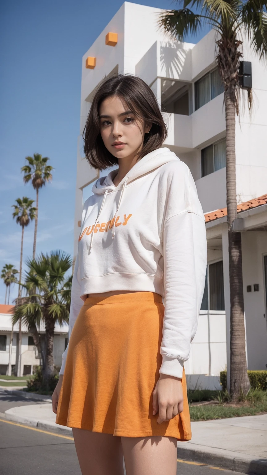 ((upper body:1.5)) long shot portrait of cute 23 yo girl, (natural breast) ,wear ((orange color oversized hoodie)), wear ((purple tennis skirt)),looking at viewer,hands in hoodie pocket,Best Quality,Masterpiece,Ultra High Resolution,(Realisticity:1.4),Original Photo, 1Girl, light leak,ultra high resolution,UHD,beautiful, (black bob hair), almond eye, no makeup, in front of (80's mondrian colorful architecture motel), (realistic:1.2), (surreal:1.3), (very detailed:1.1), ((masterpiece)),summer, blue sky, palm trees,sunny, los angles vibes,film camera, 800mm lens,style of Philip Lorca diCorcia