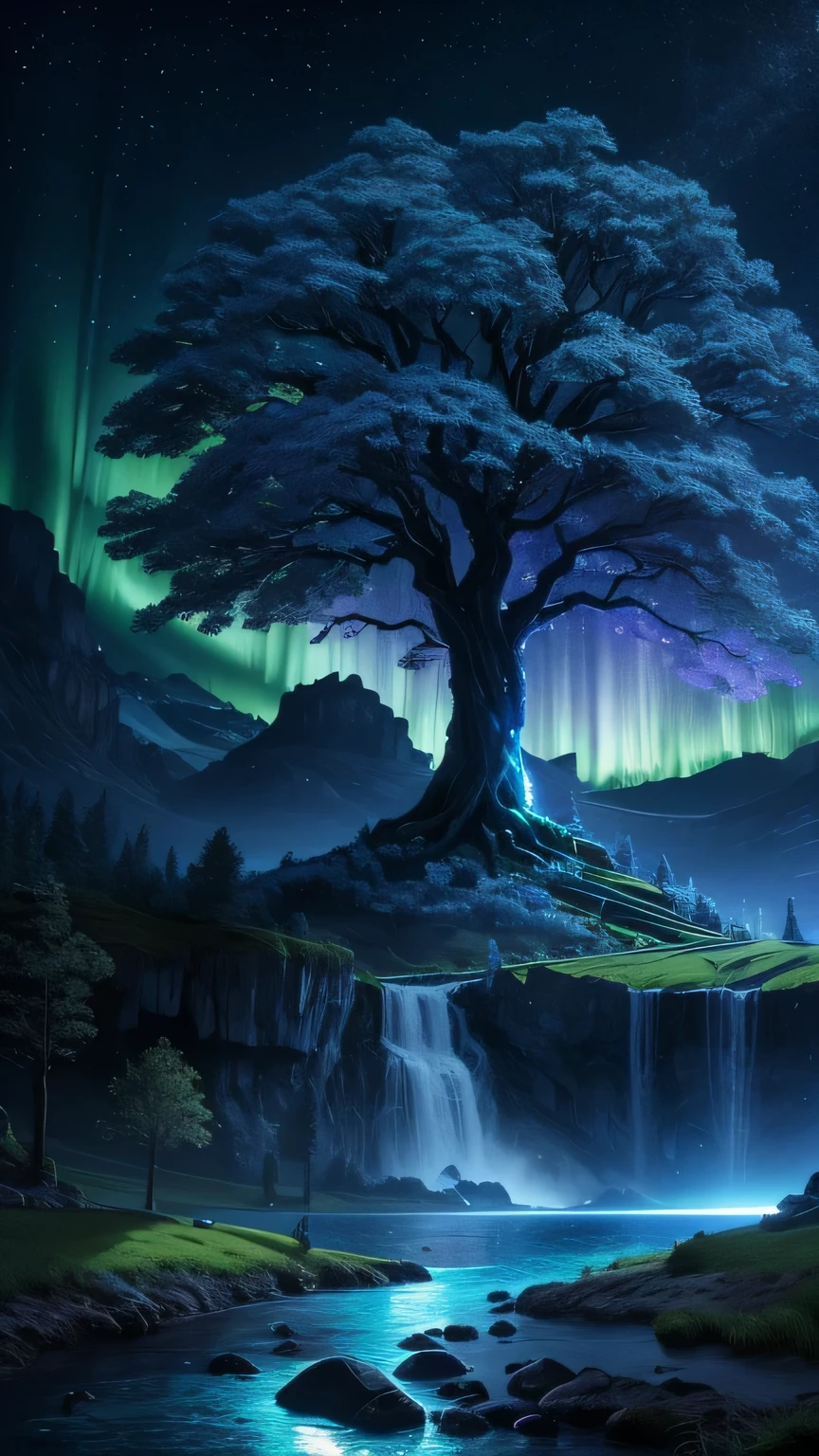 Super detailed, beautiful and aesthetic, beautiful, masterpiece , mystery , Atmospheric , wonderful , supernatural , Highest quality, Dark cloudy night , 1 tree , An ancient fantasy tree that is very huge and very tall , A huge blue glowing tree , Cloudy sky and moonlit trees々 , Flower Field , Fewer stones and cliffs , Glowing tree , Fantasy birds that shine around it , Blue glowing magic to collect trees , Blue Shining River Pass , A river that radiates blue magic , Rivermake Waterfall ,  Fantasy Aurora , (Super detailed scene) , (Super detailed tree) , (Super detailed moonlight beam) , (Super detailed glowing river) , (Super detailed waterfall) , (Super detailed aurora)