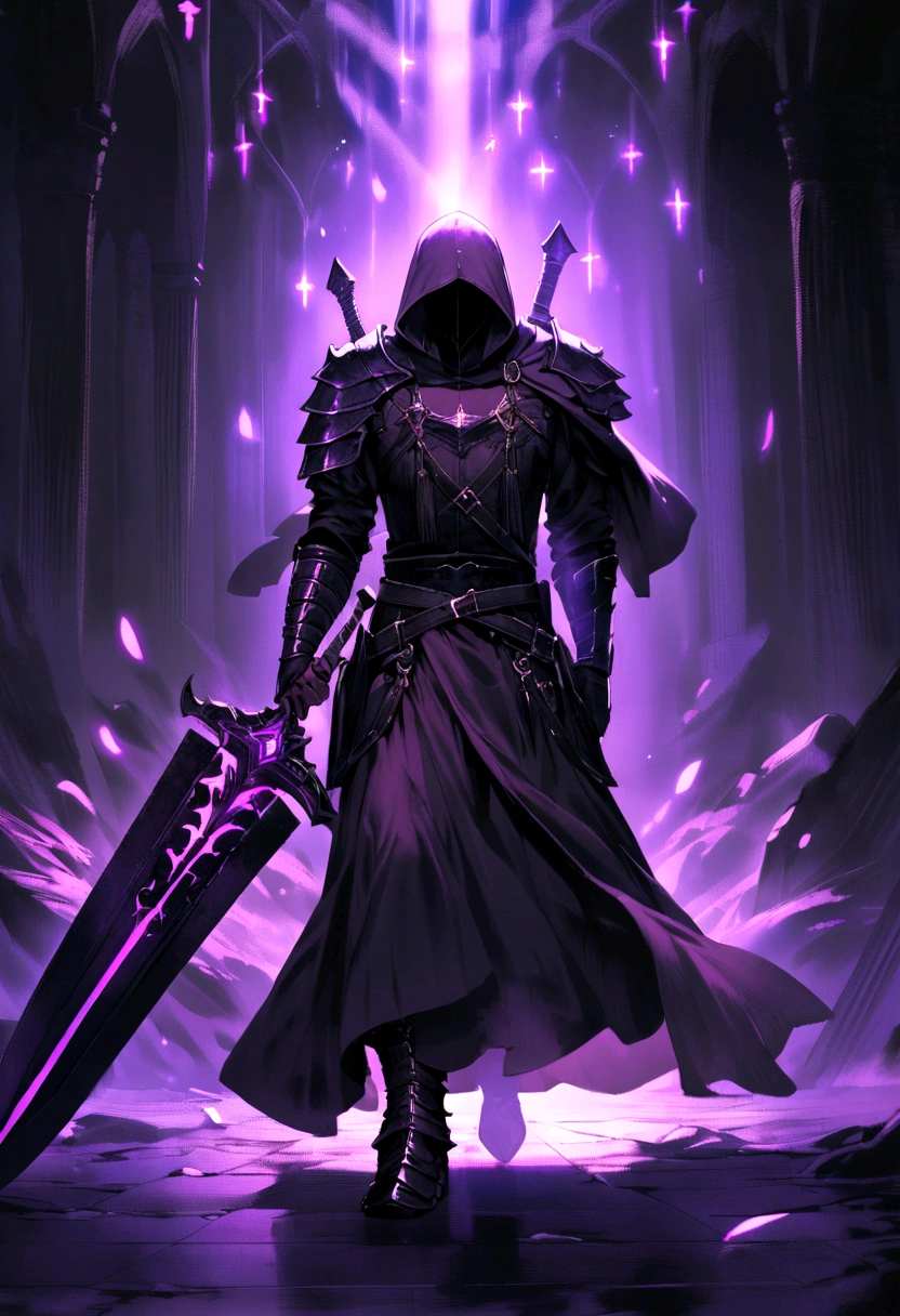Priest Warrior, his two hands hold two large dark blades, that scratch the floor, Full body, Two purple lights come out of his eyes, dark fantasy style, Clothes and armor dyed black, with a hood, that covers his face