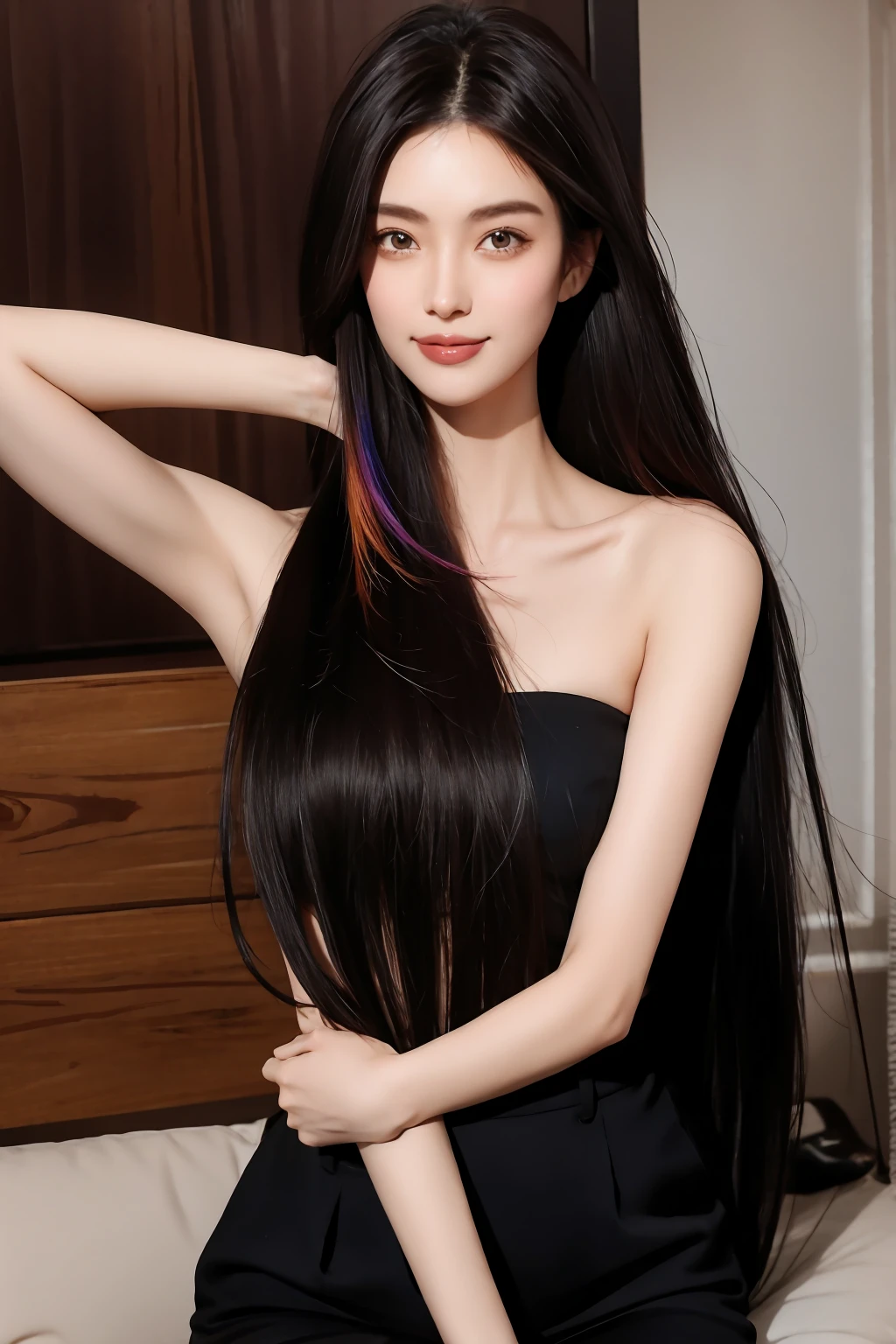 24-year-old female、Hair color is black、The eye color is dark brown、Super long hair、Straight hair、A slender but well-proportioned muscular woman、Laughter、I'Wearing a necklace、Wrist Accessories、Wearing transparent tops、I'm wearing high heels、Wear light pants、Laughter、wear a lace choker、I'm in a marble building、Too beautiful hair、shiny hair、Beautiful hair illuminated by the morning sun、White tank top