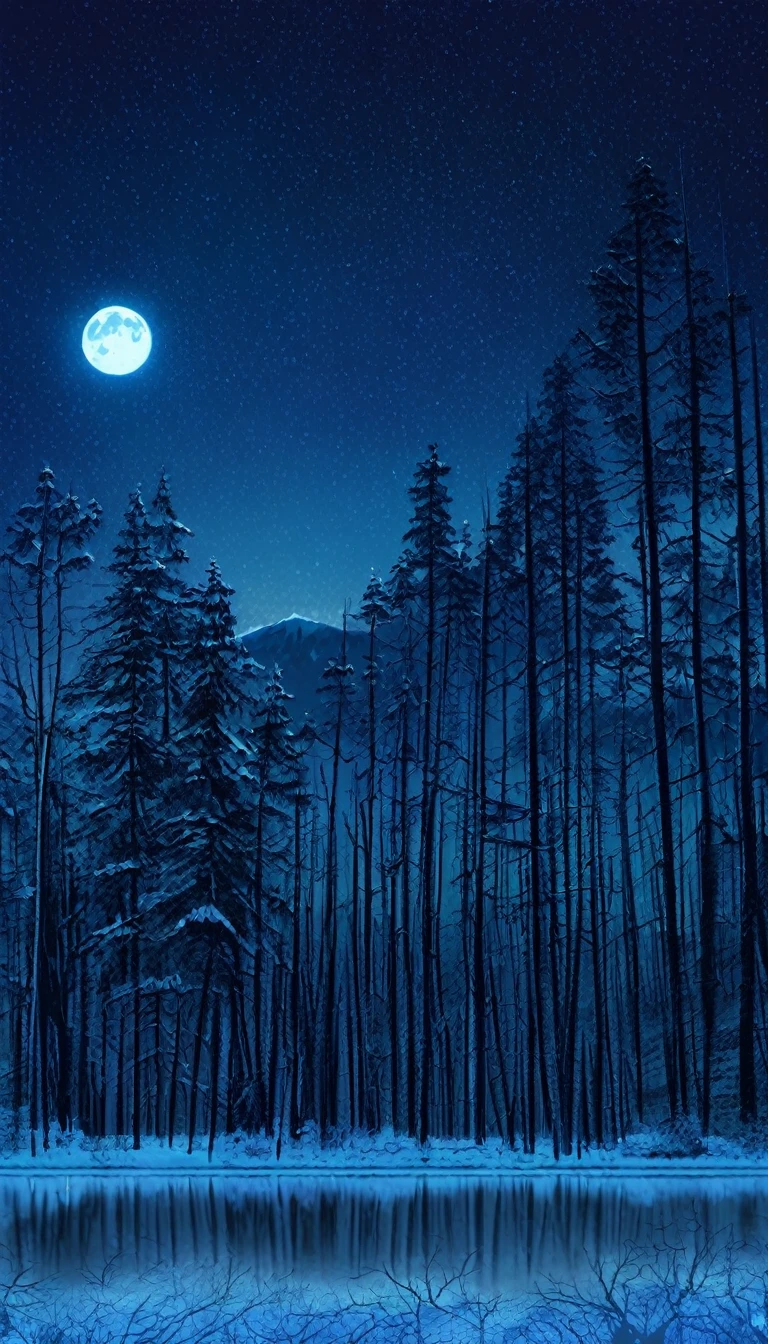 scenery,No humans, null, moon, star (null), night, reflection, starry null, wood, night null, nature, snow, full moon, forest, cloud, 惑star, winter, lake, wood, Blue Theme, window, nature, indoor, Overgrown, forest,
Location of Anime World,