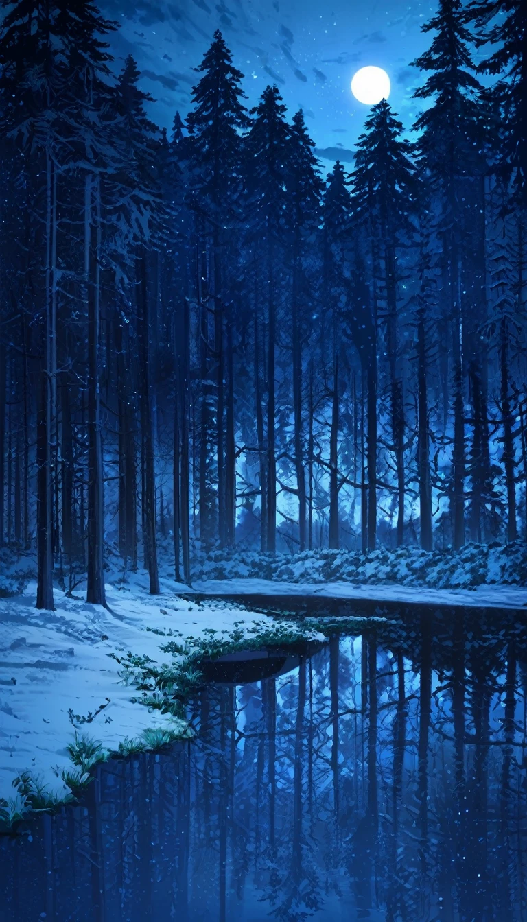 scenery,No humans, null, moon, star (null), night, reflection, starry null, wood, night null, nature, snow, full moon, forest, cloud, 惑star, winter, lake, wood, Blue Theme, window, nature, indoor, Overgrown, forest,
Location of Anime World,