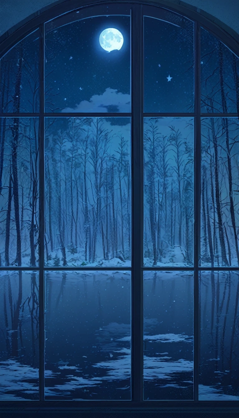 scenery,No humans, null, moon, star (null), night, reflection, starry null, wood, night null, nature, snow, full moon, forest, cloud, 惑star, winter, lake, wood, Blue Theme, window, nature, indoor, Overgrown, forest,
Location of Anime World,