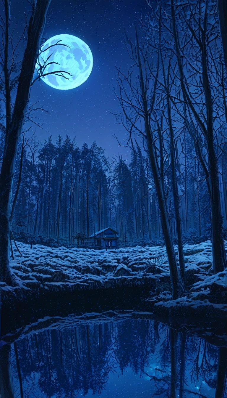 scenery,No humans, null, moon, star (null), night, reflection, starry null, wood, night null, nature, snow, full moon, forest, cloud, 惑star, winter, lake, wood, Blue Theme, window, nature, indoor, Overgrown, forest,
Location of Anime World,