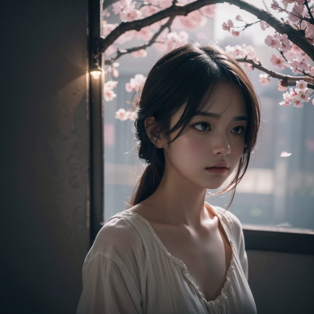 beautiful girl, expression of emptiness, like endless waiting, long longing, sad, cherry blossom petals falling, broken heart, melancholy, oil painting, highly detailed, cinematic lighting, muted color palette, dramatic composition, dreamlike atmosphere, (best quality,4k,8k,highres,masterpiece:1.2),ultra-detailed,(realistic,photorealistic,photo-realistic:1.37),digital painting,dramatic lighting,moody,sentimental,emotional,wistful
