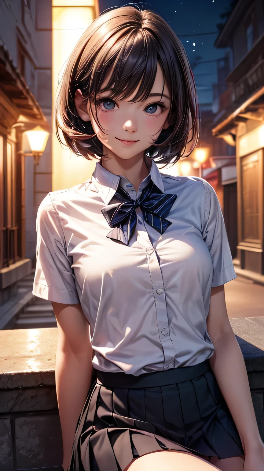 (8K, RAW Photos, Highest quality, masterpiece: 1.2), (Realistic : 1.37), Super detailed, 1 Girl, cute, alone, 美しくDetailed空, Detailed, night, Sitting,  (smile: 1.1),  Medium chest, (Very delicate and beautiful face), (Beautiful eyes in every detail), (Collared shirt: 1.1), bow tie, Pleated skirt, (short hair: 1.2),  