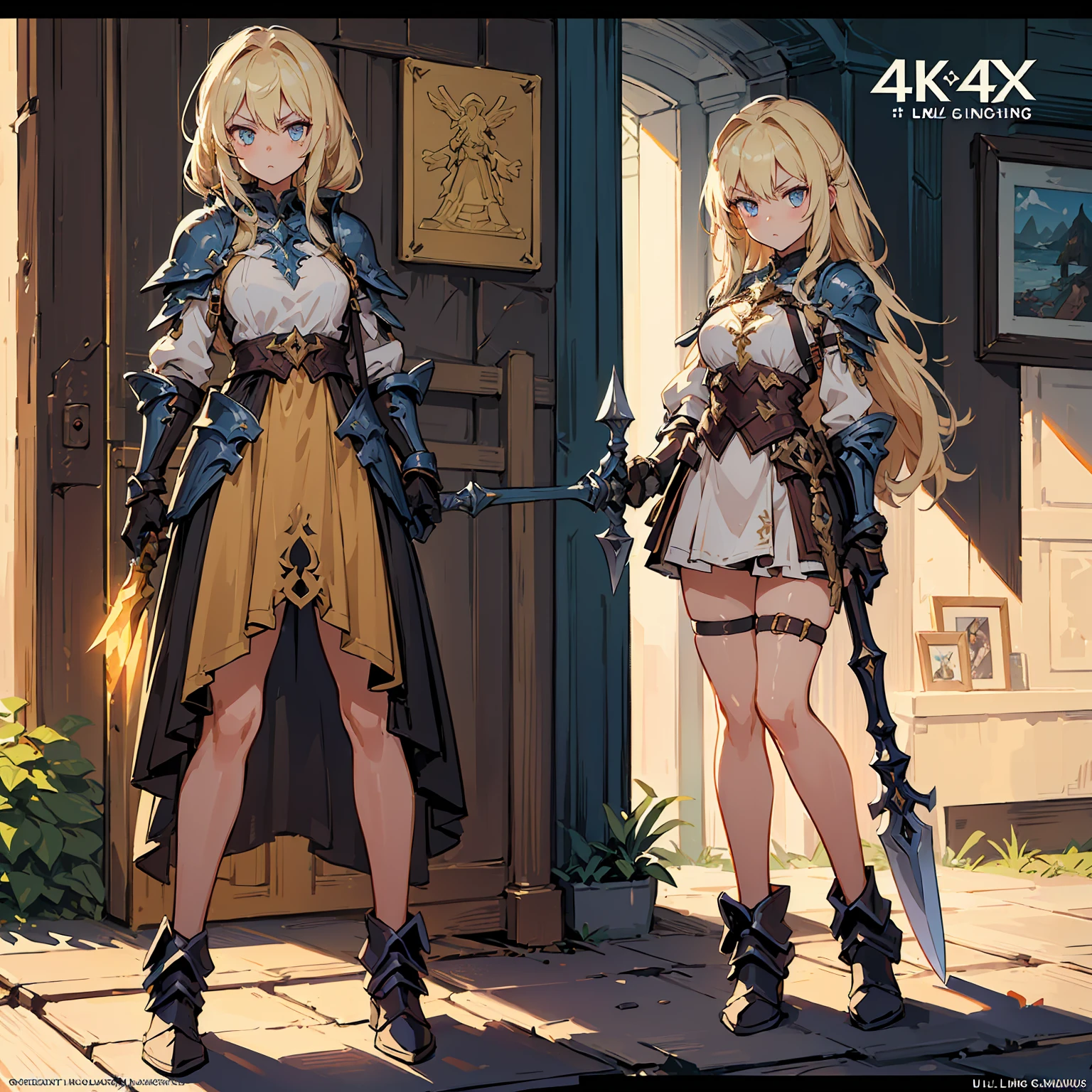 Design a layout showcase Gaming character, (1girl). Golden+Purle clothes, stylish and unique, ((showcase weapon:1.4)), magic staff, (masterpiece:1.2), (best quality), 4k, ultra-detailed, (Step by step design, layout art:1.5), (luminous lighting, atmospheric lighting), magican, ((glove full hands)), (((revealing clothes:1.3))), vambraces, armored legwear, (((full_body_shot:1.4)))
