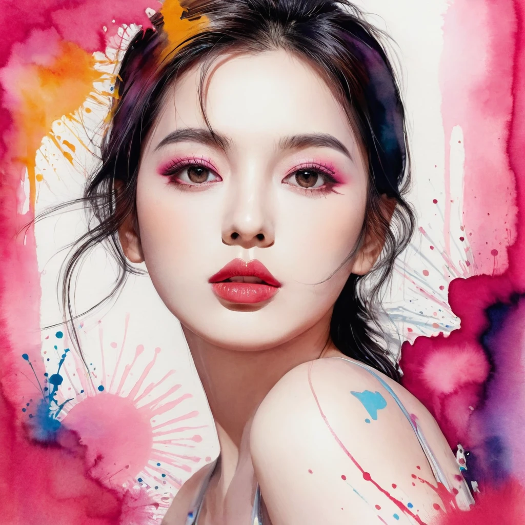 Beautiful woman portrait, Sylvia Pelissero watercolors, Beautiful Eyes、 Abstract art,   Surreal, Beautiful artwork illustration, Pink tones, wonderful, Cool Beauty, Highest quality,Official Art, women only, Sharp contours, Best Shot, Vector art, Lips in Love、 (((The most beautiful women in history))), (((Japanese)))、clear, (((Highest quality))), Lips in Love, High resolution, ((Detailed explanation)), Detailed garment texture, (((Graffiti art))), ((masterpiece))、((Very detailed))
