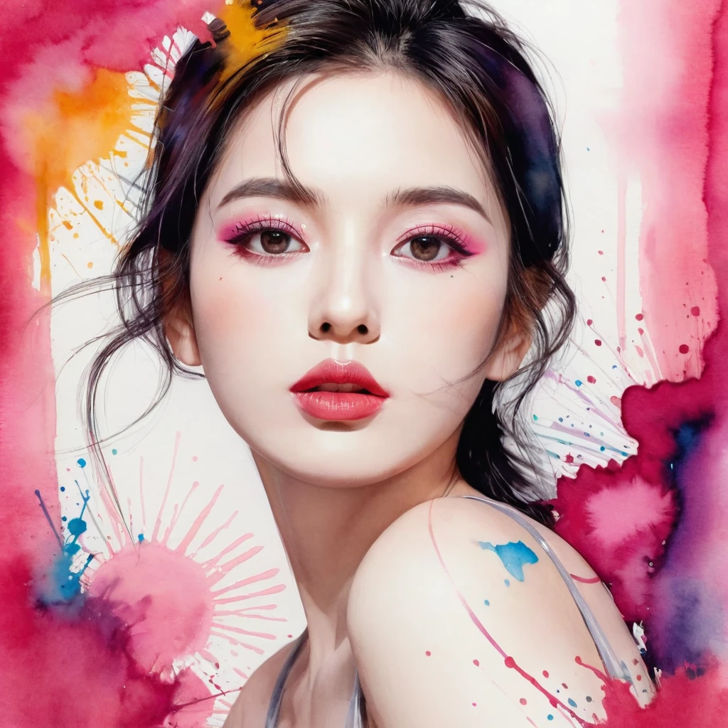 Beautiful woman portrait, Sylvia Pelissero watercolors, Beautiful Eyes、 Abstract art,   Surreal, Beautiful artwork illustration, Pink tones, wonderful, Cool Beauty, Highest quality,Official Art, women only, Sharp contours, Best Shot, Vector art, Lips in Love、 (((The most beautiful women in history))), (((Japanese)))、clear, (((Highest quality))), Lips in Love, High resolution, ((Detailed explanation)), Detailed garment texture, (((Graffiti art))), ((masterpiece))、((Very detailed))
