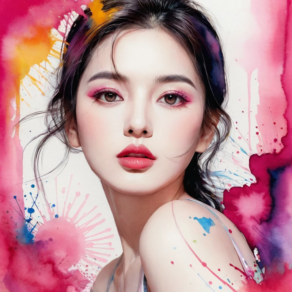 Beautiful woman portrait, Sylvia Pelissero watercolors, Beautiful Eyes、 Abstract art, Surreal, Beautiful artwork illustration, Pink tones, wonderful, Cool Beauty, Highest quality,Official Art, women only, Sharp contours, Best Shot, Vector art, Lips in Love、 (((The most beautiful women in history))), (((Japanese)))、clear, (((Highest quality))), Lips in Love, High resolution, ((Detailed explanation)), Detailed garment texture, (((Graffiti art))), ((masterpiece))、((Very detailed))