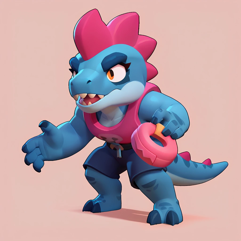 full view of a dinosaur, female, dark blue skin, friendly dinosaur, having a pink and white buoy, dinosaur animal, brawl, brawl stars