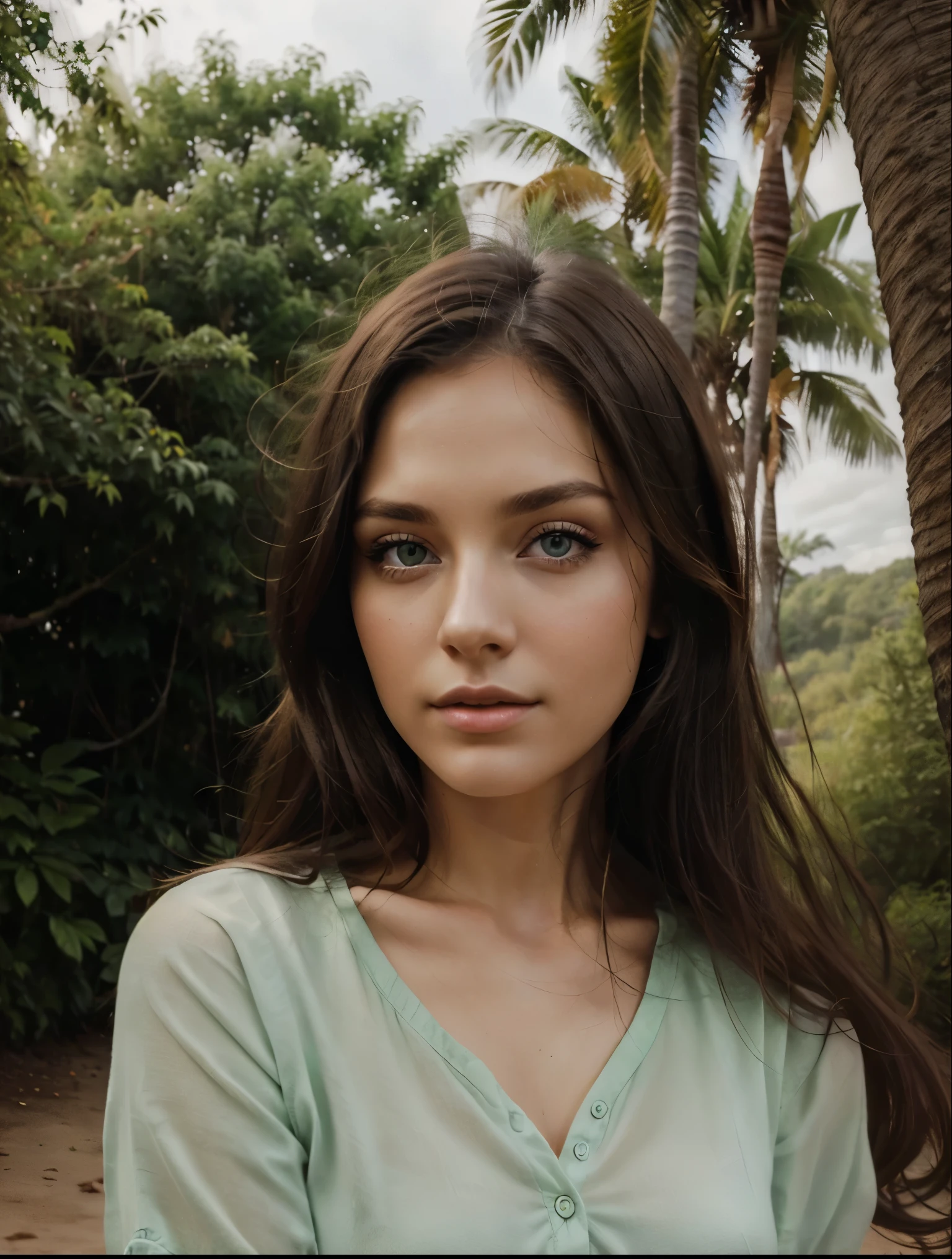 femme arafée aux cheveux longs et une chemise verte debout devant un arbre, portrait sophie mudd, portrait doux 8 k, fille sexy aux yeux verts, avec de superbes yeux verts, yeux verts beau visage joli visage, magnifique visage attrayant, magnifique jeune mannequin, visage extrêmement beau, cheveux bruns et grands yeux, portrait d'un beau modèle, Beau visage délicat