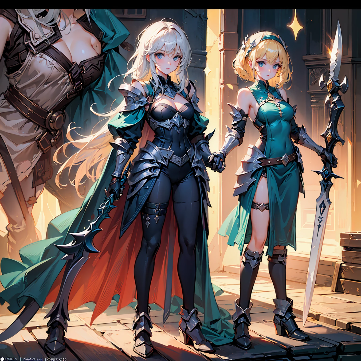 Design a layout showcase Gaming character, (1girl). Golden+Purle clothes, stylish and unique, ((showcase weapon:1.4)), magic staff, (masterpiece:1.2), (best quality), 4k, ultra-detailed, (Step by step design, layout art:1.5), (luminous lighting, atmospheric lighting), magican, ((glove full hands)), (((revealing clothes:1.3))), vambraces, armored legwear, (((full_body_shot:1.4)))