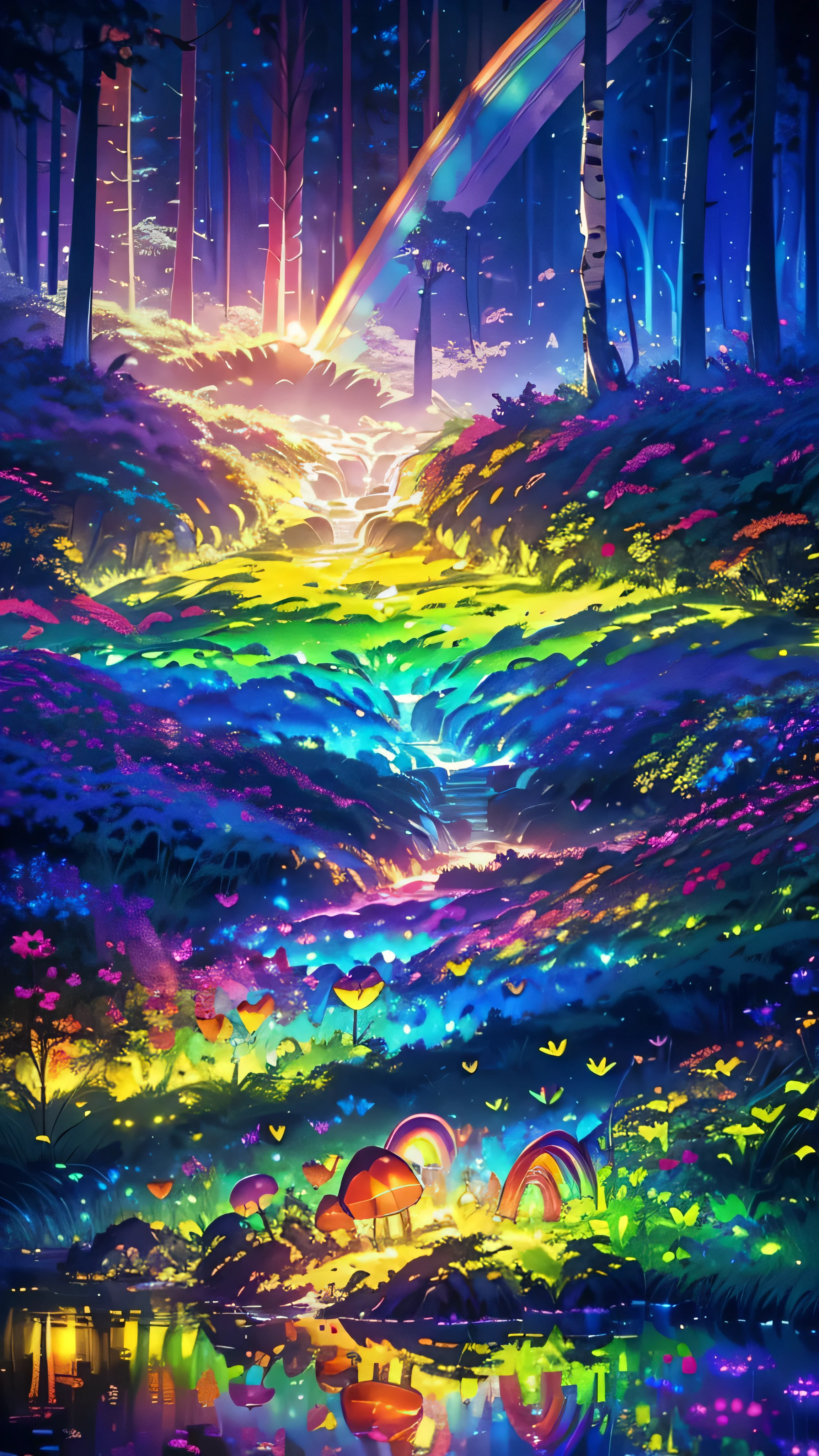 Enchanting Mystical Forest, Neon colored butterflies, Pure blue water river fountain, Golden Mini Fairy, A glowing mushroom that releases pollen, extremely beautiful landscape, (Ultra-realistic), {Highly detailed 8k CG unit wallpaper}, expansive landscape photography, (Low perspective that prioritizes the entire scene, (Wide々Clear visibility), (Low angle shot), (highlight: 1.5), (Low Light: 1.0), (Warm light source: 1.0), Intricate details, (Rainbow colors: 1.5), (Bright lighting), (Atmospheric lighting), nature, Magic, landscape