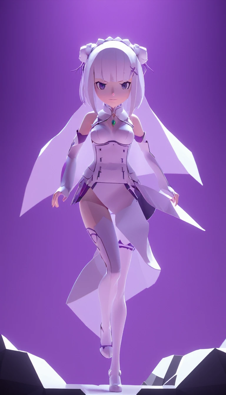 low-poly style Cinematic scene, hero view, solo, Emilia, Re:Zero action pose, detailed background, masterpiece, best quality, high quality, absurdres . low-poly game art, polygon mesh, jagged, blocky, wireframe edges, centered composition