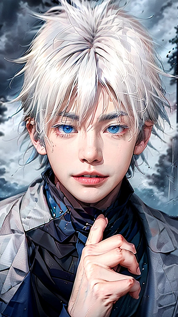 Gojo Satoru, solo, standing under a flickering streetlight in a stormy cityscape, live-action style, vibrant noir atmosphere, holding an umbrella, looking at the screen with a determined gaze, dramatic light on white hair, glowing blue eyes, wearing a black trench coat with vibrant lightning-like patterns, highest detail, best quality
