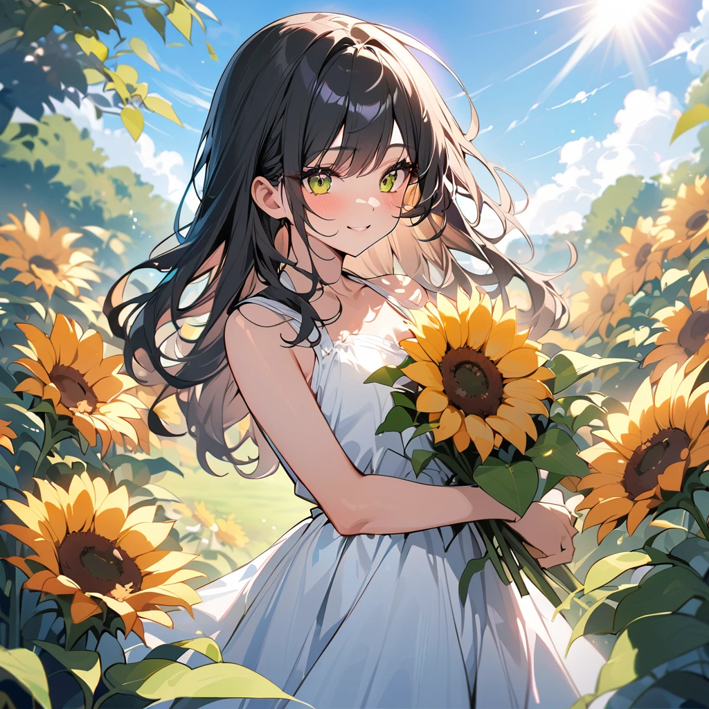 (masterpiece:1.5), best quality, very aesthetic, absurdres, anime style, 1girl, high school girl, female, 17 years old, shoulder-length black hair, hair shining in the sunlight, bright smile, wearing a cool white dress, holding a large sunflower, standing in a garden full of colorful flowers, green lawn, bright summer afternoon, strong sunlight, everything brightly lit, blue sky with white clouds in the distance, sharp focus on subject, vivid colors, cheerful and fresh atmosphere, warm sunlight feel