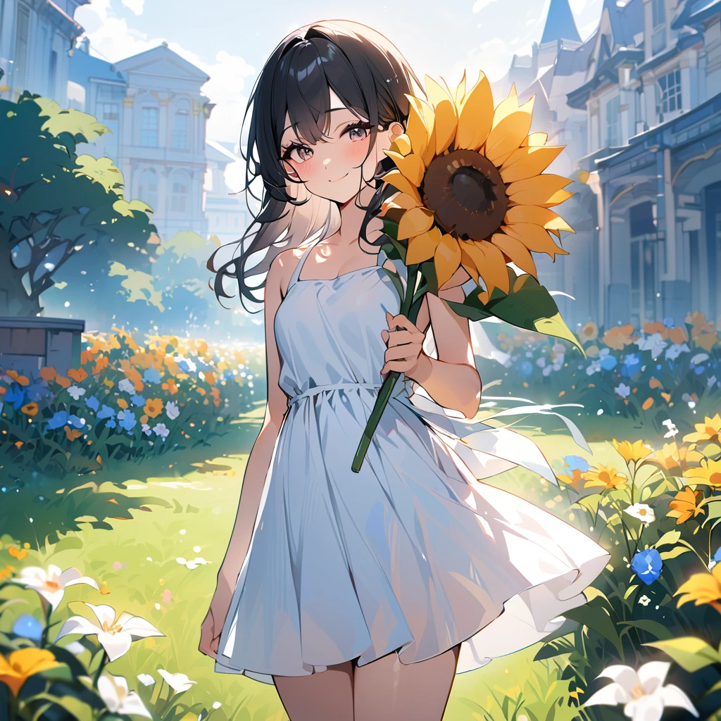 (masterpiece:1.5), best quality, very aesthetic, absurdres, anime style, 1girl, high school girl, female, , shoulder-length black hair, hair shining in the sunlight, bright smile, wearing a cool white dress, holding a large sunflower, standing in a garden full of colorful flowers, green lawn, bright summer afternoon, strong sunlight, everything brightly lit, blue sky with white clouds in the distance, sharp focus on subject, vivid colors, cheerful and fresh atmosphere, warm sunlight feel