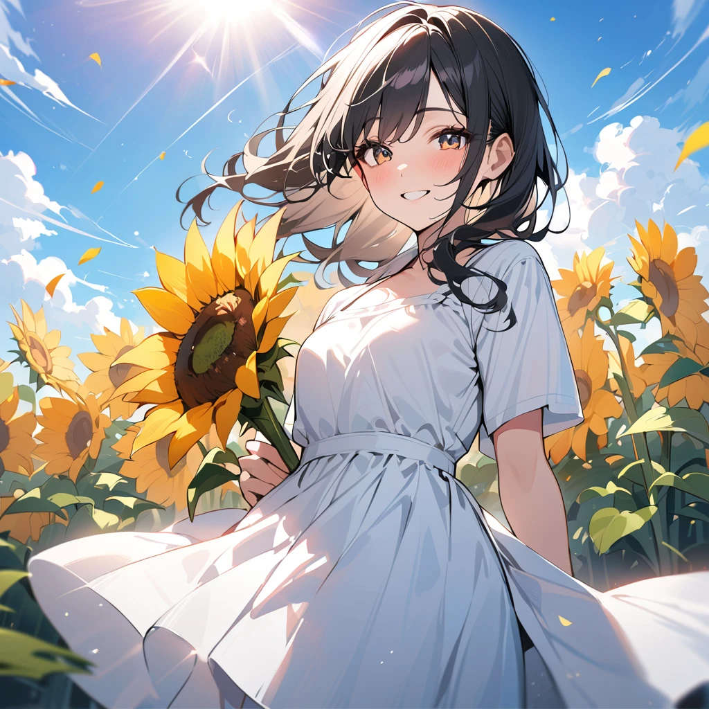 (masterpiece:1.5), best quality, very aesthetic, absurdres, anime style, 1girl, high school girl, female, 17 years old, shoulder-length black hair, hair shining in the sunlight, bright smile, wearing a cool white dress, holding a large sunflower, standing in a garden full of colorful flowers, green lawn, bright summer afternoon, strong sunlight, everything brightly lit, blue sky with white clouds in the distance, sharp focus on subject, vivid colors, cheerful and fresh atmosphere, warm sunlight feel