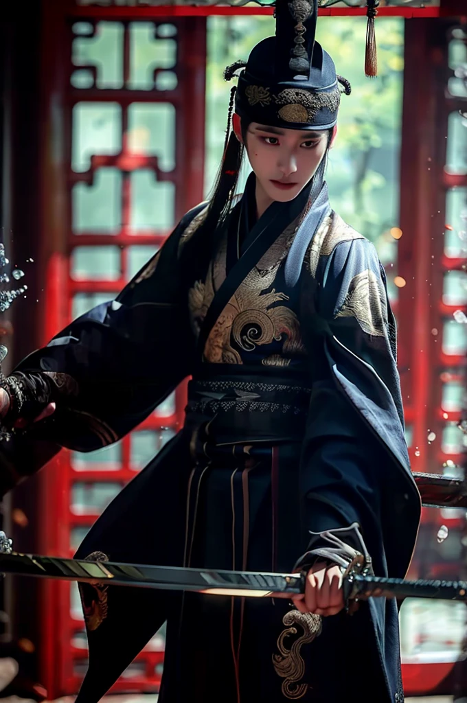 Xueer Embroidered Guard Uniform,Solitary focus,Wearing embroidered Chinese clothing,Dynamic Angle,view,Practical,发Light,
1 boy,male focus,Solitary,this_the best_Light,Handsome_male,For the audience,Holding a sword,Black gloves,Scapula, East Asian Architecture,
water,
