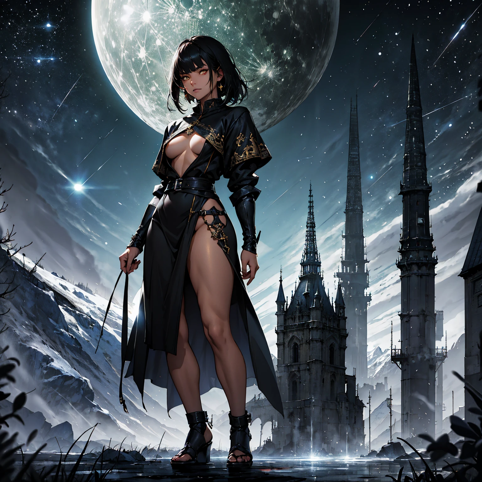 1girl (Solo), bob hair with bangs, black hair, flat chest, small size, golden eyes, tanned skin, serious face, lot of blood, nude, full body, dark magic, night, white moon, medieval castle, mountain behind, very sexy body, detailed face, highly detailed, 8k, best quality, masterpiece, vibrant colors, digital art, concept art