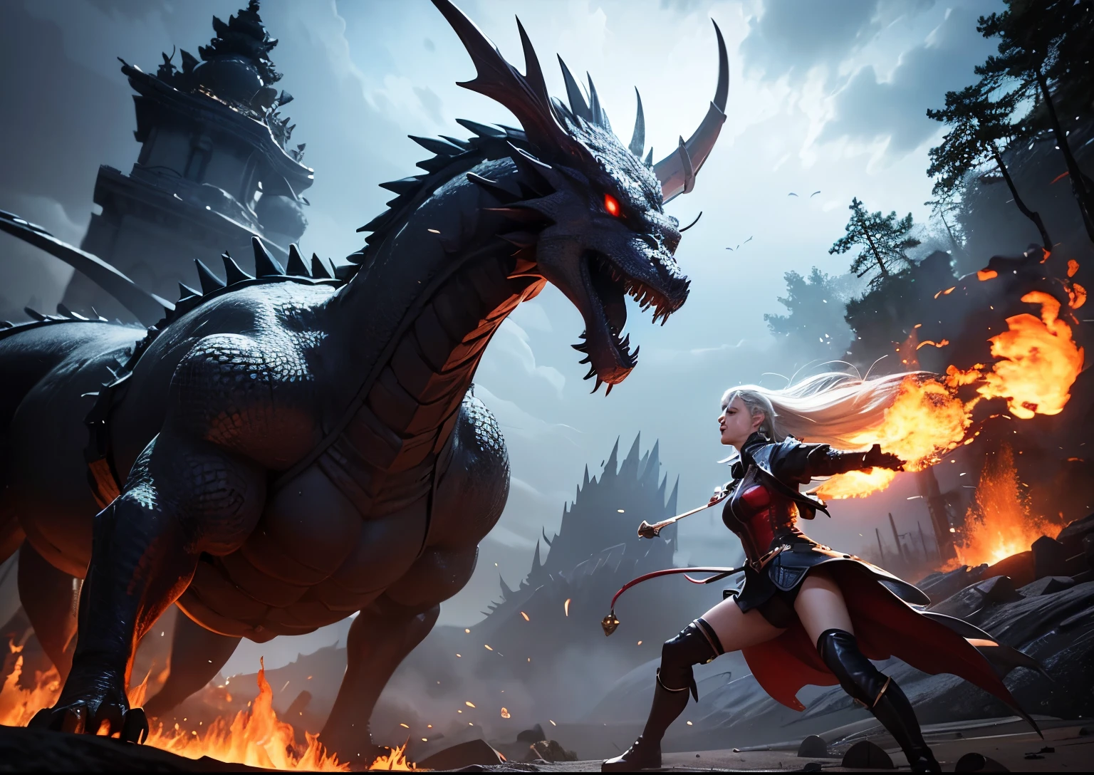 3D impressionist illustration, Super Resolution, Masterpiece, A Russian girl in her early 20s with ash grey hair, Game world, Dragon Slayer facing off against a fire dragon, aggressive, The moment the ice magic is released