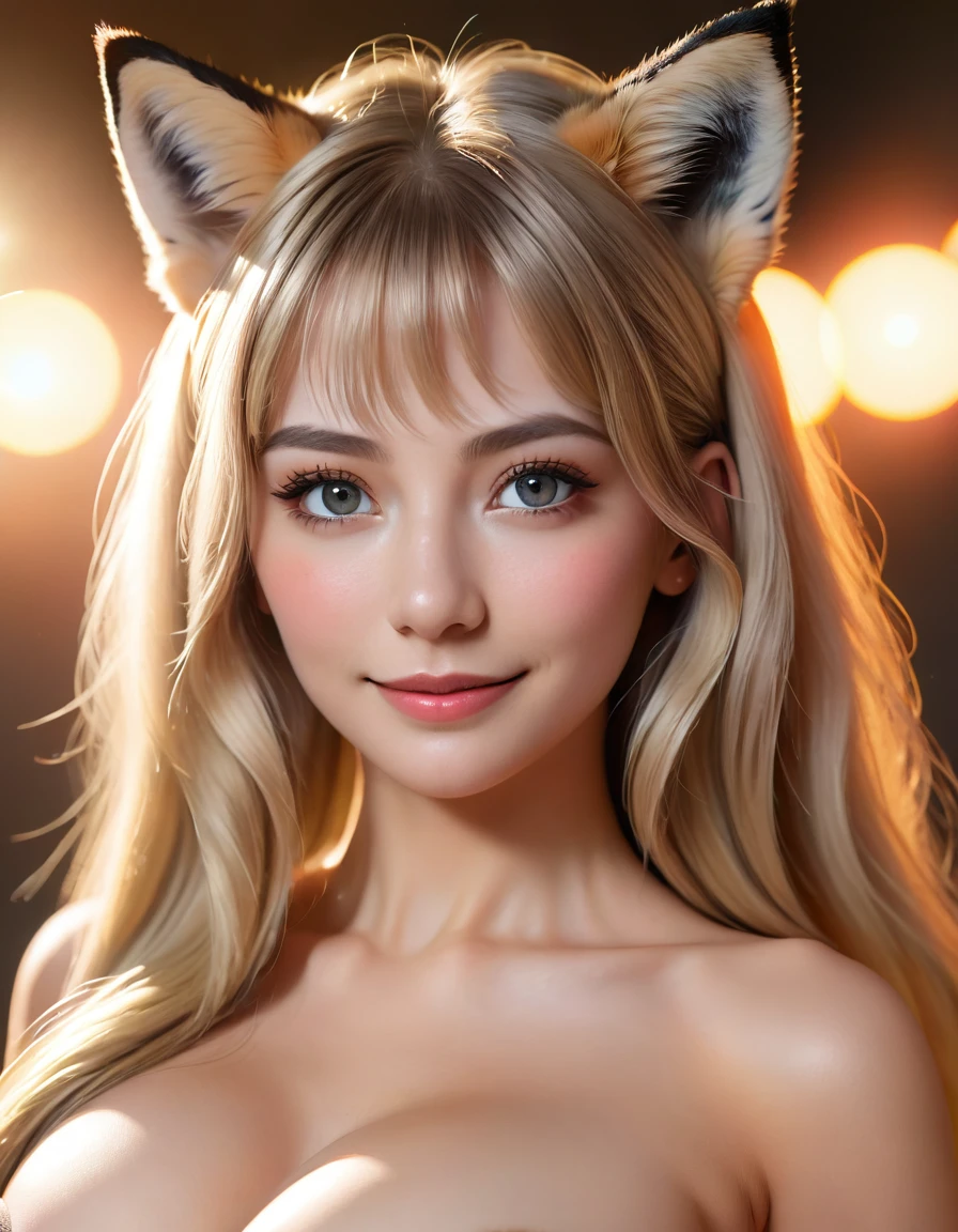 blonde hair, long hair, mole under eye, gradient eyes, fox ears, ear blush, seductive smile, Surrealism, projected inset, first-person view, lens flare, UHD, retina, masterpiece, accurate, anatomically correct, textured skin, super detail, high details, high quality, award winning, best quality, highres, 8k