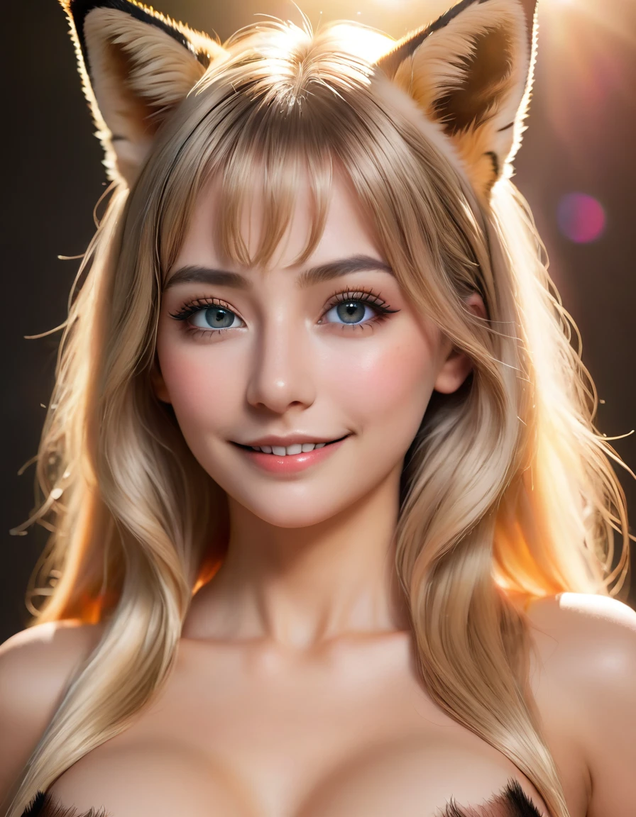 blonde hair, long hair, mole under eye, gradient eyes, fox ears, ear blush, seductive smile, Surrealism, projected inset, first-person view, lens flare, UHD, retina, masterpiece, accurate, anatomically correct, textured skin, super detail, high details, high quality, award winning, best quality, highres, 8k