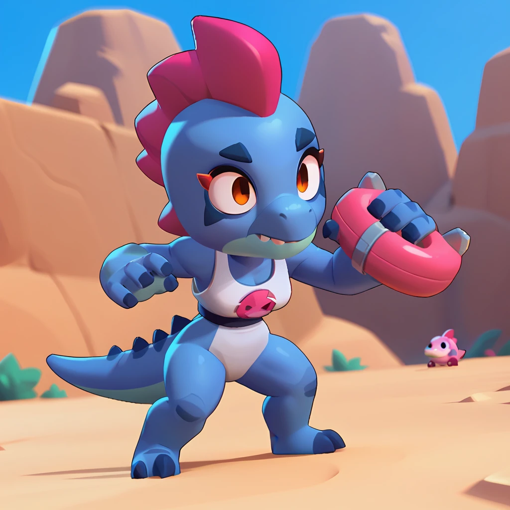 full view of a dinosaur, female, dark blue skin, friendly dinosaur, having a pink and white buoy, dinosaur animal, brawl, brawl stars
