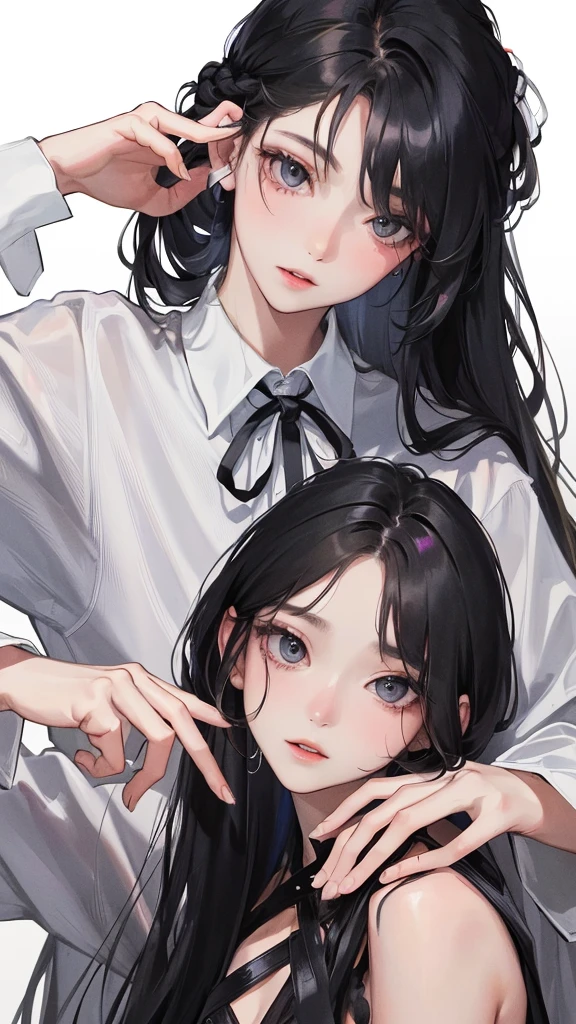 (Top resolution、Distinct_image)top-quality、femele、masterpiece、highly detailed、Semi-realistic、silver eyes、18year old、young、smart Casual clothing、Exquisite facial features、Facial features、unique hairstyle, variations, potrait, white background, black hair