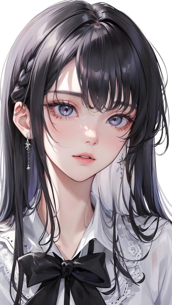 (Top resolution、Distinct_image)top-quality、femele、​masterpiece、highly detailed、Semi-realistic、silver  eyes、18year old、young、smart Casual clothing、Exquisite facial features、Facial features、unique hairstyle, variations, potrait, white background,   black hair