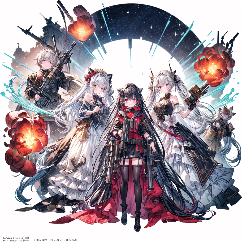 One girl、Dynamic configuration、[17277fbe68],He threatened Hideo.、high quality、Maximum details、(((最high quality、最高masterpiece、Official Art、最高のDynamic configuration)))、(Thin Hair)、(Tabletop, 最high quality), Very detailed, Anime Style, Concept Art、whole body, (masterpiece), 最high quality, Fantasy art,whole body、masterpiece、最high quality、(colorful)、（Beautifully detailed eyes and face）、Cinema Lighting、Extremely detailed CG、Super huge、whole body、wallpaper、Dress with weapons in Wonderland, (((Everybody wears red ))), Ammunition belt, gun, machine gun, gatling gun, hand gun,weapons,Barren Land、White Background、