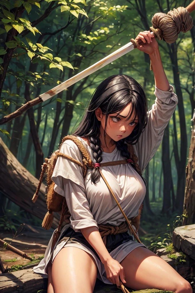 Best image quality, threaten, Holding a spear, Parent and , primitive, Primary forest, In underwear, ""Primitive clothing"", woman, Black Hair, Tying up hair, paint