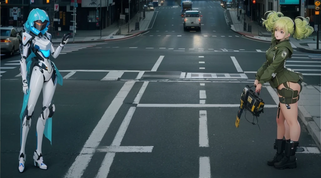 anime characters in a city street with a car and a bus, crossing road, intersection, crosswalks, video still, hyperreal movie shot, robot art cracking the road, cinematic long shot, cinematic still frame, anamorphic cinematography, cinematic shot ar 9:16 -n 6 -g, cinematic still, shot from cinematic, cinematic stillframe, crosswalk, perfect girls