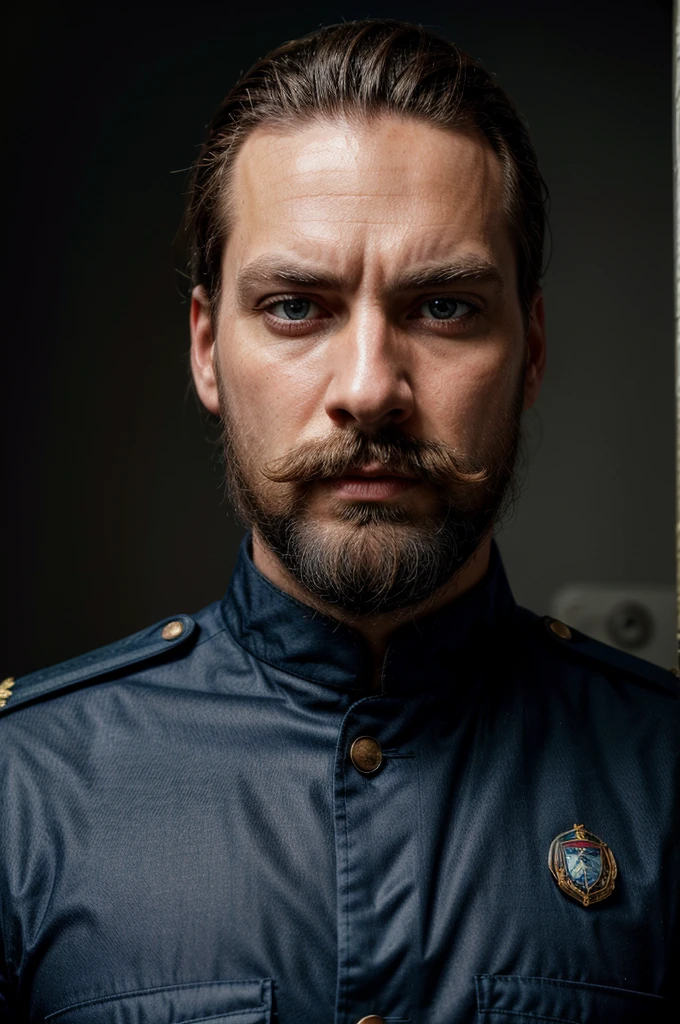 A tall and imposing figure with piercing blue eyes that hold a steady, commanding gaze. His face is framed by a neatly trimmed beard and mustache, both streaked with silver, signifying years of leadership and battle. Deep lines crease his forehead and the corners of his eyes, showing the weight of his responsibilities.
Uniform: Adorned with brass buttons and epaulettes, immaculate and reflecting his unwavering dedication to duty.