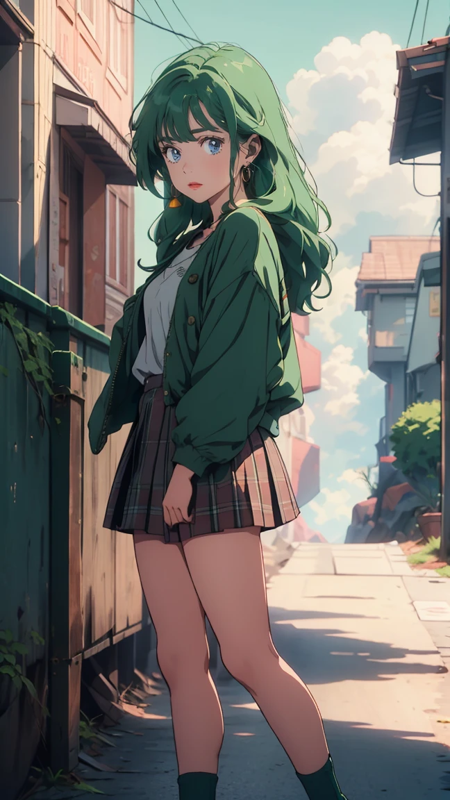 {{kofune ushio}}, {サマータイムレンダリング}, Volume hair, soft hair, emerald green hair and pink inner color, wavy hair, gradation hair, green hair, side braids, wavy hair, two side up, cloud hair, emerald green eyes, high school girl, Cheerful and active, blonde clip, loose socks, plaid skirt, holding smartphone, on the street, (best) quality, 4K, 8K, high resolution, masterpiece: 1.2), ultra-definition, bright colors, soft lighting
