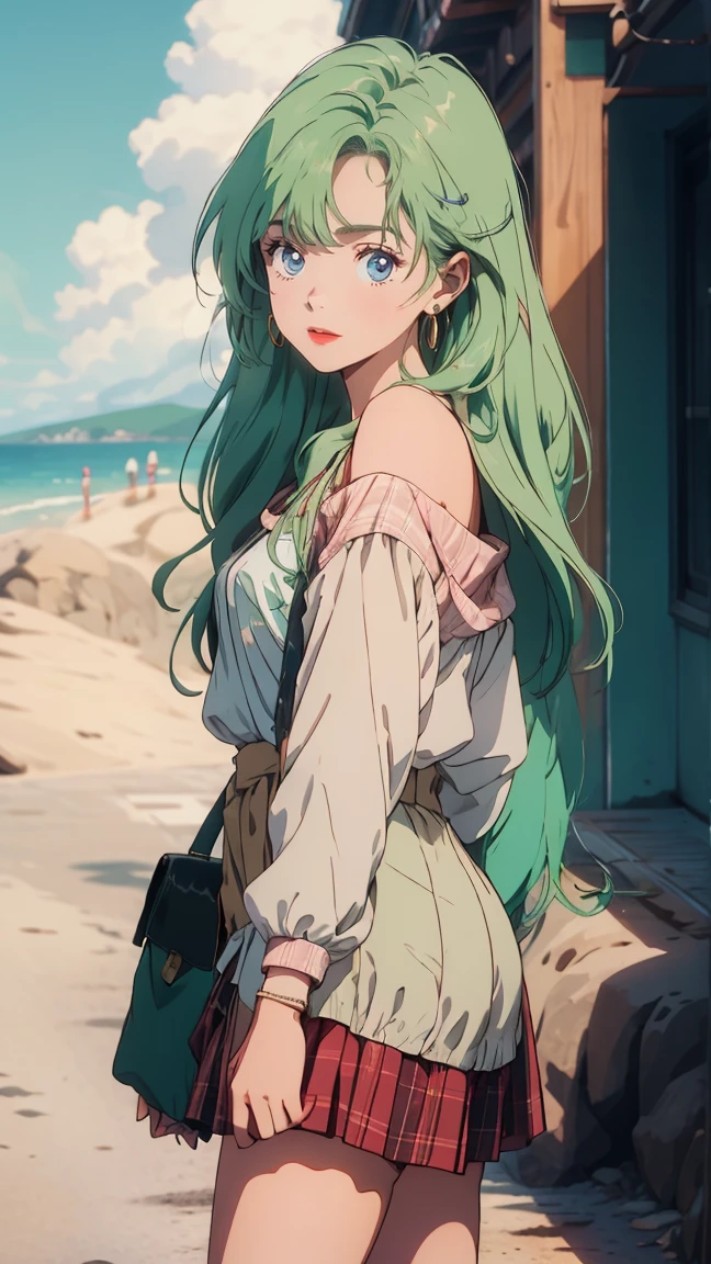 {{kofune ushio}}, {サマータイムレンダリング}, Volume hair, soft hair, emerald green hair and pink inner color, wavy hair, gradation hair, green hair, side braids, wavy hair, two side up, cloud hair, emerald green eyes, high school girl, Cheerful and active, blonde clip, loose socks, plaid skirt, holding smartphone, on the street, (best) quality, 4K, 8K, high resolution, masterpiece: 1.2), ultra-definition, bright colors, soft lighting
