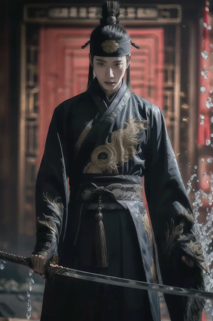 Xueer Embroidered Guard Uniform,Solitary focus,Wearing embroidered Chinese clothing,Dynamic Angle,view,Practical,发Light,
1 boy,male focus,Solitary,this_the best_Light,Handsome_male,For the audience,Holding a sword,Black gloves,Scapula, East Asian Architecture,
water,
