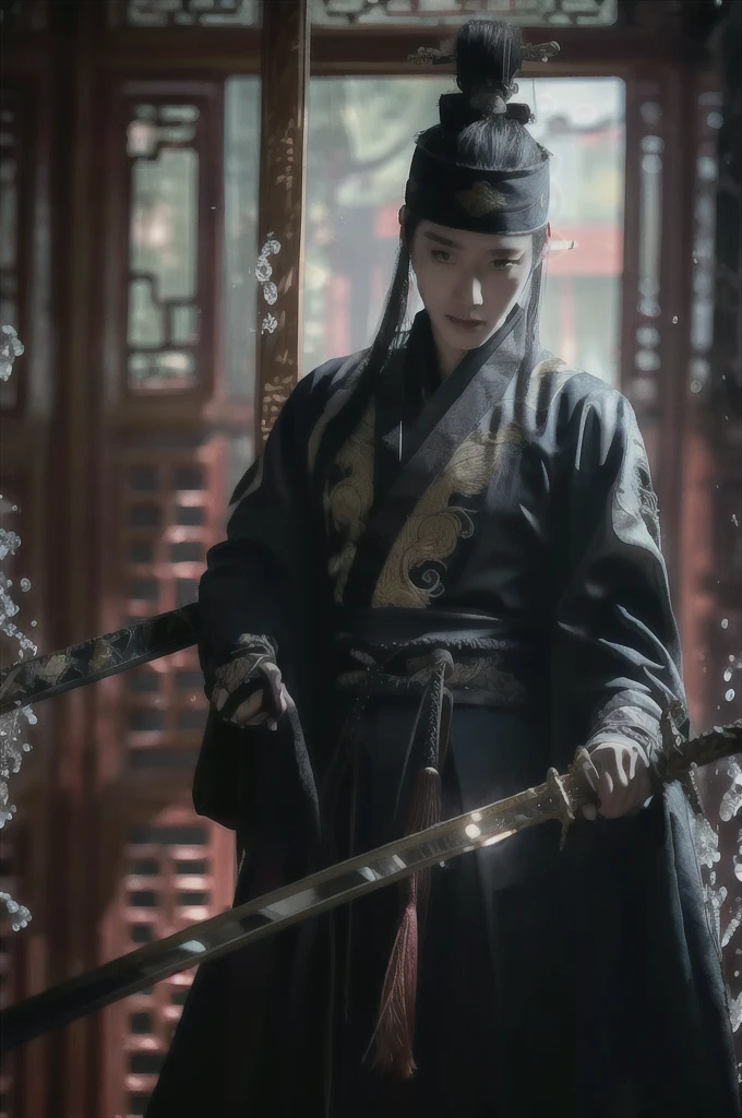 Xueer Embroidered Guard Uniform,Solitary focus,Wearing embroidered Chinese clothing,Dynamic Angle,view,Practical,发Light,
1 boy,male focus,Solitary,this_the best_Light,Handsome_male,For the audience,Holding a sword,Black gloves,Scapula, East Asian Architecture,
water,
